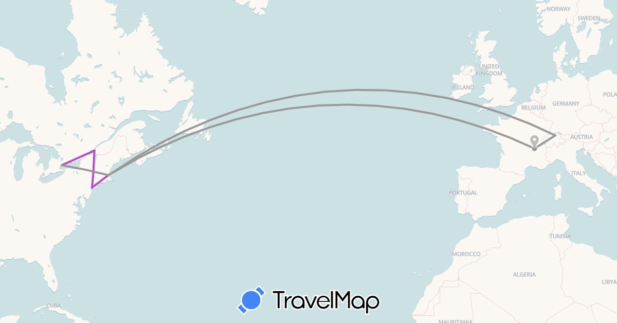 TravelMap itinerary: plane, train in Canada, Switzerland, France, United States (Europe, North America)